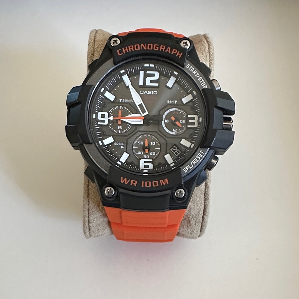 Casio Resin Chronograph Watch - Black and Orange Date Display 3 Dials